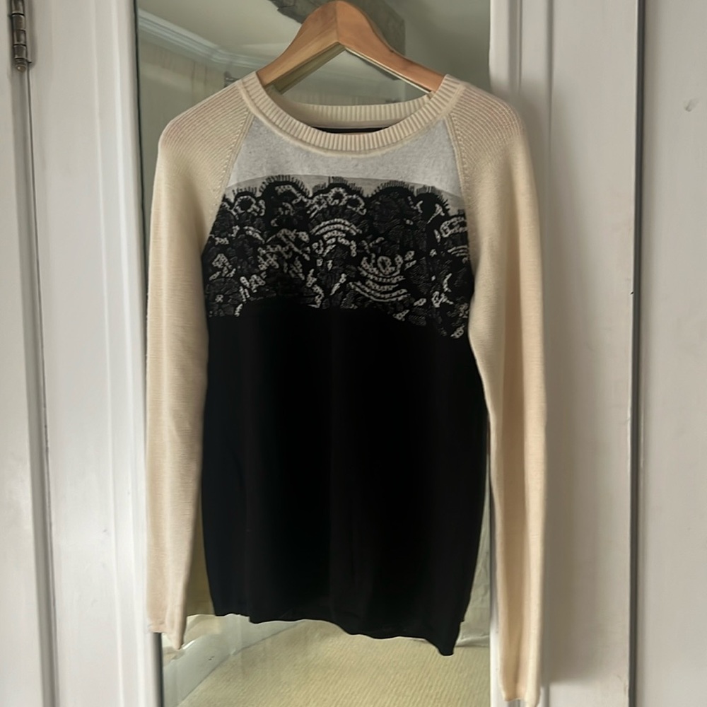 Karen Millen Cream Black Lace Crew Neck Sweater